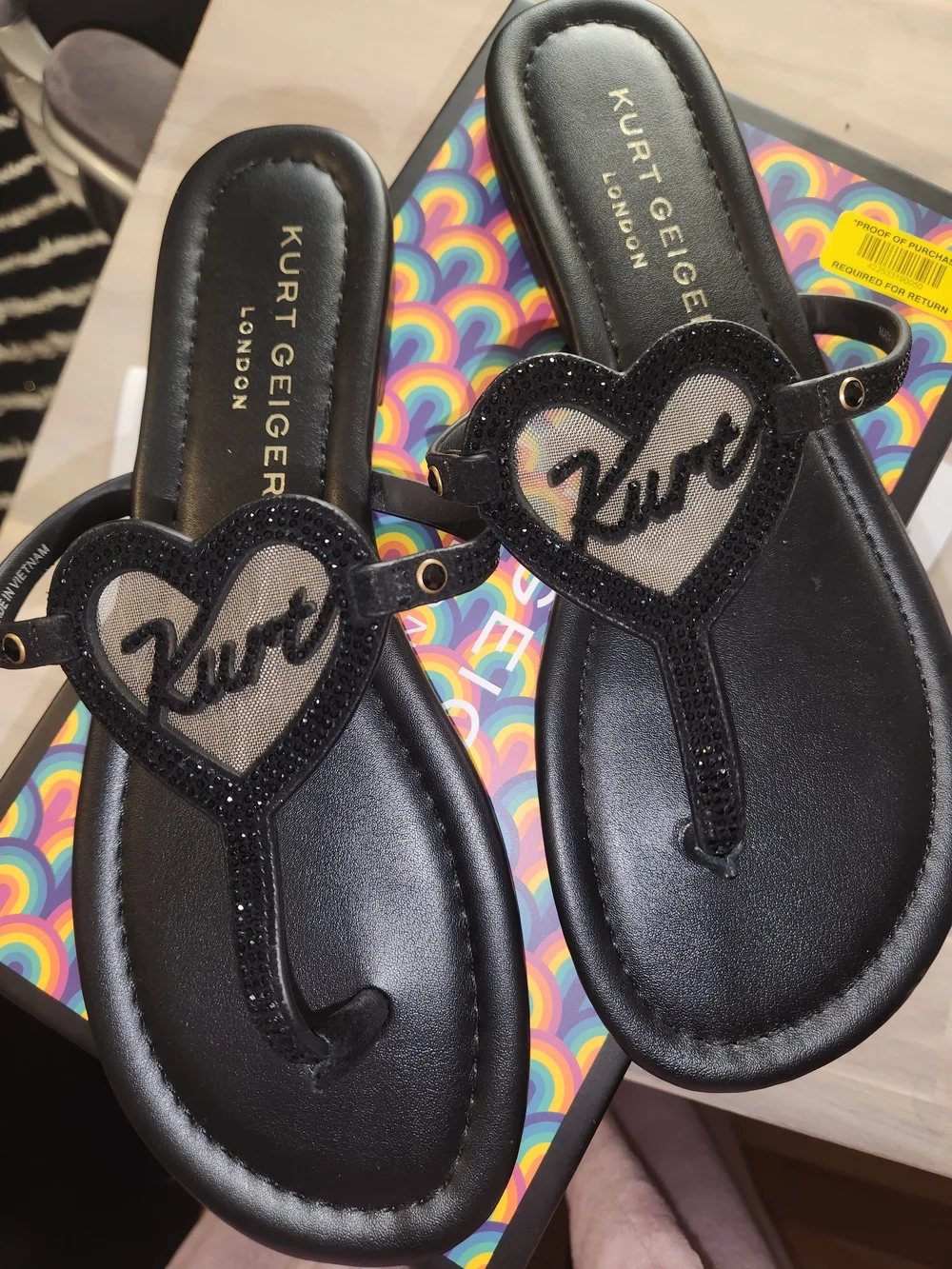 Kurt Geiger Black Heart Logo T-Strap Sandals with Embellished Trim